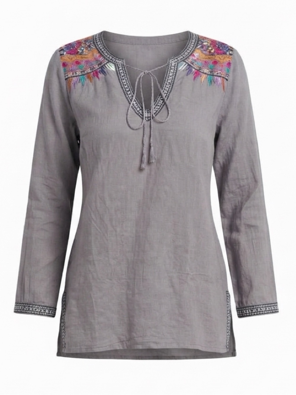 Biya (Johnny Was) Embroidered Grey Women's Peasant Top Size XS